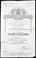 1916 Ezüst Katonai érdemérem a katonai érdemkereszt szalagján kardokkal kitüntetés adományozó okirata Hazai Samu hadügyminiszter aláírásával. Szakadással / 1916. Awarding document of the Silver military merit medal T:II-