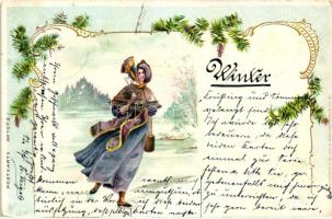 Winter greeting card, ice skating lady, Kunstanstalt Wilhelm Boehme Postkarte No. 1073. litho