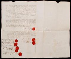 1840 Magyar nyelven íródott végrendelet, a végrendelkező és a tanúk rányomott viaszpecsétjeivel (öss...