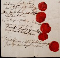 1840 Magyar nyelven íródott végrendelet, a végrendelkező és a tanúk rányomott viaszpecsétjeivel (öss...