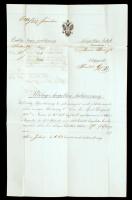 1865 Erdélyi Nagy Fejedelemség Buzás Besenyői birtokra vonatkozólag utólagos kárpótlási határozványt hoz. Szép állapotú okmány. 45x29cm