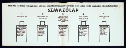 1939 Az országgyűlési választások szavazólapja Pest-Pilis-Solt vármegye északi lajstromos választókerületében, rajta a nyilaskeresztes Párttal