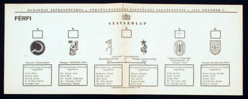 1945 Budapest Székesfőváros Törvényhatósági Bizottsági Tagválasztásának férfi szavazólapja, rajta a Magyar Kommunista Párttal