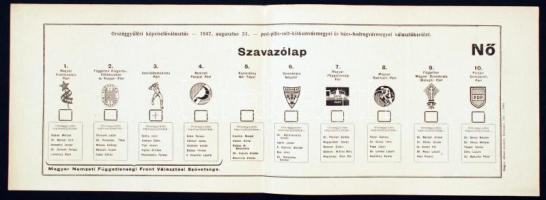 1947 Az országgyűlési képviselőválasztás női szavazólapja a Pest-Pilis-Solt-Kiskun és Bács-Bodrog vármegyei választókerületben, rajta a Magyar Nemzeti Függetlenségi Front Választási Szövetségével