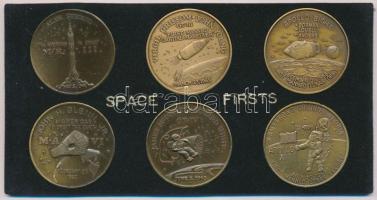 Amerikai Egyesült Államok DN "Elsők az űrben" 6xklf Br emlékérem szettben, sérült eredeti tokban (39mm) T:1 USA ND "Space Firsts" collection of 6 diff medals in damaged case (39mm) C:UNC