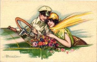 Couple in automobile, Italian art postcard, Anna & Gasparini 615 s: Busi