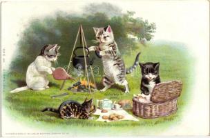 Tea making cats, kettle, picnic, Kunstanstalt Wilhelm Boehme Postkarte No. 220. litho (fl)