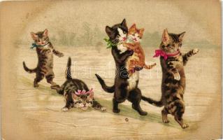 Cat family on ice, humour litho