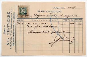 1891 Bp. VI., Nay Testvérek faipar és szállító-eszközök gyára a váci m. kir. orsz. fegyintézetében díszes fejléces számlája 1 kr okmánybélyeggel