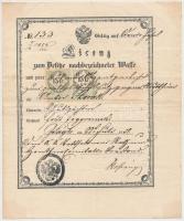 1858 Névre szóló fegyverviselési engedély 2x15 kr okmánybélyeggel /
1858 Licence for gun