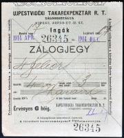 Újpest 1914. "Ujpestvidéki Takarékpénztár R.T. Zálogosztálya - Zálogjegy" (2xklf) T:III