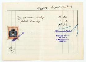 1910 Bp. Múzeum krt., Wacha János kalapos mester által kiállított díszes fejléces számla
