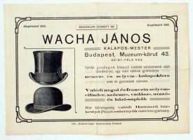 1910 Bp. Múzeum krt., Wacha János kalapos mester által kiállított díszes fejléces számla