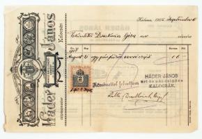 1905 Kalocsa, Káder János miniszteri elismerő okmánnyal rendelkező cipészmester díszes fejléces számlája 2f okmánybélyeggel
