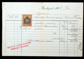 1905 Bp. Kígyó tér(Ferenciek tere), Kunz és Mössmer Asztalnemű vászon és fehérnemű boltjának díszes fejléces számlája 2f okmánybélyeggel