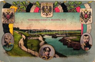 Myslowice, Myslowitz; German-Austro-Russian border, Franz Joseph, Wilhelm II, Nicholas II of Russia, coat of arms, flags (EM)