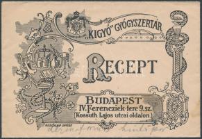 cca 1910 A Kígyó Gyógyszertár(Udvari Szállító) Bp. Ferenciek tere receptborítéka