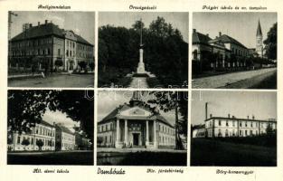 Dombóvár, Reálgimnázium, országzászló, Evangélikus templom, Járásbíróság, Dőry konzervgyár