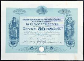 Kunmadaras 1926. "A Nagy-Kun-Madarasi Takarékpénztár Részvény-Társaság" részvénye 50P-ről bélyegzésekkel T:II