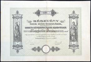 Soroksár 1910. "Soroksári Első Mészhomoktéglagyár Részvénytársaság" részvénye 1000K-ról szelvényekkel T:II-