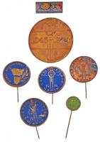 7db ifjúsági sport jelvény és kitűző, közte 1957. "6 órát Budapestért - 1919-1957 KISZ" festett fém kitűző + 1974. "IV. Országos Sportnapok" fém jelvény, "Csepeli Ifjúsági Napok 1974" festett fém kitűző T:vegyes