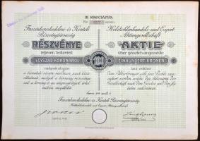 1918. "Faszénkereskedelmi- és Kiviteli Részvénytársaság" részvénye 100K-ról, magyar és német nyelven szelvényekkel, bélyegzéssel T:I- hajtatlan