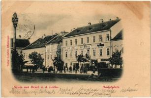 1898 Lajtabruck, Bruck and der Leitha; Fő tér, Városháza, Takarékpénztár, K. Schlaffer üzlete / main square, town hall, bank, shops (Rb)