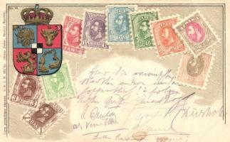 15 db RÉGI bélyeg témájú motívum lap, többségében dombornyomott és litho lapok, jó minőségű, főként ...