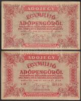 1946. 1000.000Adópengő 6 jegyű számmal, sorszám elcsúszásokkal, 2 klf típusban "amelyeknél" ill. "amelyeknek" fordított címerrel T:II/III