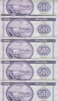 1990. 500Ft (5x) egymásutáni sorszámokkal, mindegyik azonos erős nyomdafestékfoltokkal, benne ferdén...