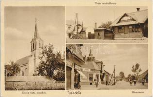 Taracköz, Görög katolikus templom, erdei vasútállomás / Greek catholic church, railway station, street, shops