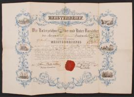 1857 Sopron, a kőszegi Gustav Kärnner részére kiállított városi posztónyírói díszes mesterlevél, sérült rányomott viaszpecséttel, 2×6 kr. és 3 kr okmánybélyeggel /  1857 Sopron/Ödenburg, Ornated certification (Mesiterbrief) given to civic shearer (Tuchscherer, tondeur) Gustav Kärnner from Kőszeg/Güns, with a bit damaged wax seal and stamps on it