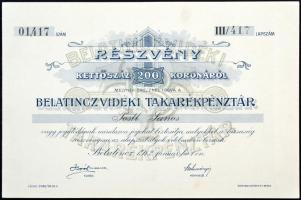 Belatinc 1912. "Belatincz Vidéki Takarékpénztár" részvénye 200K-ról, szárazpecséttel, szelvényekkel T:I-