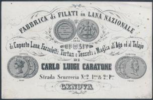 cca 1860 Genova, takaró gyapjú kockás sál, kötött anyag kereskedő reklám kártya / cca 1860 Genova, Italia dvertising card