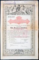 Ausztria / Bécs 1868. "Államadóssági Igazgatás" államadóssági kötvény 100G-ről, szárazpecséttel, szelvényekkel, felülbélyegzésekkel T:III  Austria / Vienna 1868. "Direction der Staatsschuld" public debt bond about 100 Gulden with coupons, overprinted C:F