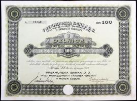 Jugoszlávia/Szerb-Horvát-Szlovén Királyság/Muraszombat 1924. "Muraszombati Takarékpénztár" részvénye 100D-ról, szelvényekkel, felülbélyegzett T:II- Yugoslavia/Kingdom of the Serbs, Croats and Slovenes/Murska Sobota 1924. "Share Company of Savings Bank of Murska Sobota" share about 100 Dinara, with coupons, overprinted C:VF