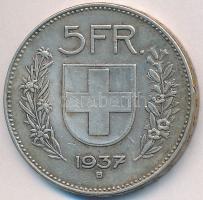 Svájc 1937B 5Fr Ag "Helvetia" T:2- Switzerland 1937B 5 Francs Ag "Helvetia" C:VF