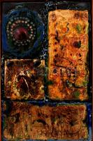 Fajka János(1935-): Napisten. Tűzzománc, réz lemez, jelzett, fa keretben, 13x20 cm