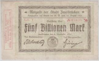 Németország/Weimari Köztársaság/Zweibrücken 1923. 5.000.000.000.000M városi pénz T:restaurált Germany/Weimar Republic/Zweibrücken 1923. 5.000.000.000.000 Mark necessity note C:restored