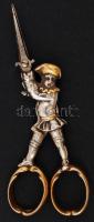 Antik figurális kis olló, régi tokban, aranyozott végekkel, h:9 cm