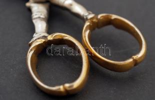 Antik figurális kis olló, régi tokban, aranyozott végekkel, h:9 cm