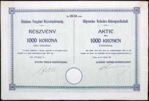 Fiume 1913. "Általános Forgalmi Részvénytársaság" részvénye 1000K-ról, szelvényekkel és szárazpecséttel T:I-