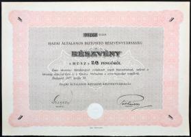 Budapest 1927. "Hazai Általános Biztosító Részvénytársaság" részvénye 20P-ről, szelvények nélkül és szárazpecséttel T:I
