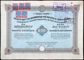 Budapest 1923. "Magyar Czukoripar-Részvénytársaság" 5db részvénye egyenként 600K-ről, szelvényekkel, szárazpecséttel és bélyegzésekkel T:III