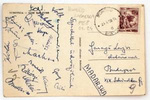 A Honvéd FC tagjainak aláírásai az 1958-as borovói mérkőzésről (1958. 02. 24.) elküldött képeslapon