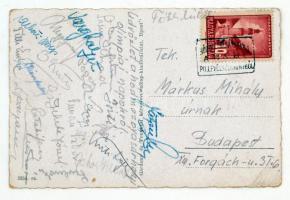 Olimpiai bajnokok (Pataki Ferenc, Fekete József, Tilli Endre, Tóth Lajos, stb.) aláírásai az 1948-as hódmezővásárhelyi Olimpiai Napokról elküldött képeslapon