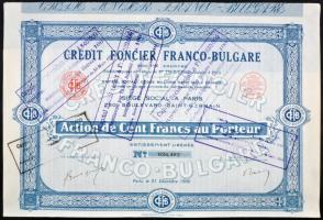 Franciaország 1930. "Credit Foncier Franco-Bulgare" részvénye 100Fr-ról felülbélyegzésekkel, szelvényekkel T:I-,II hajtatlan France 1930. "Credit Foncier Franco-Bulgare" share about 100 Francs with stamps and coupons C:AU,XF unfolded