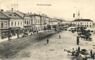 Máramarossziget, tér, Taubes Lázár és Klein D. és társa üzlete, fodrász, Korona szálloda és kávéház, piac, kiadja Benkő Miklós / shops, hairdresser, hotel and cafe, market