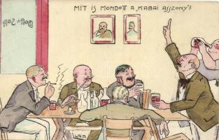 Mit is mondott a Kabai asszony?; kiadja Aczél Henrik / Hungarian humorous card, wine and beer (fa)
