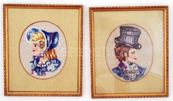 2 db díszes fa képkeret, benne gobelinnel, belső méret: 31,5×26,5 cm, külső méret: 34,5×29,5 cm